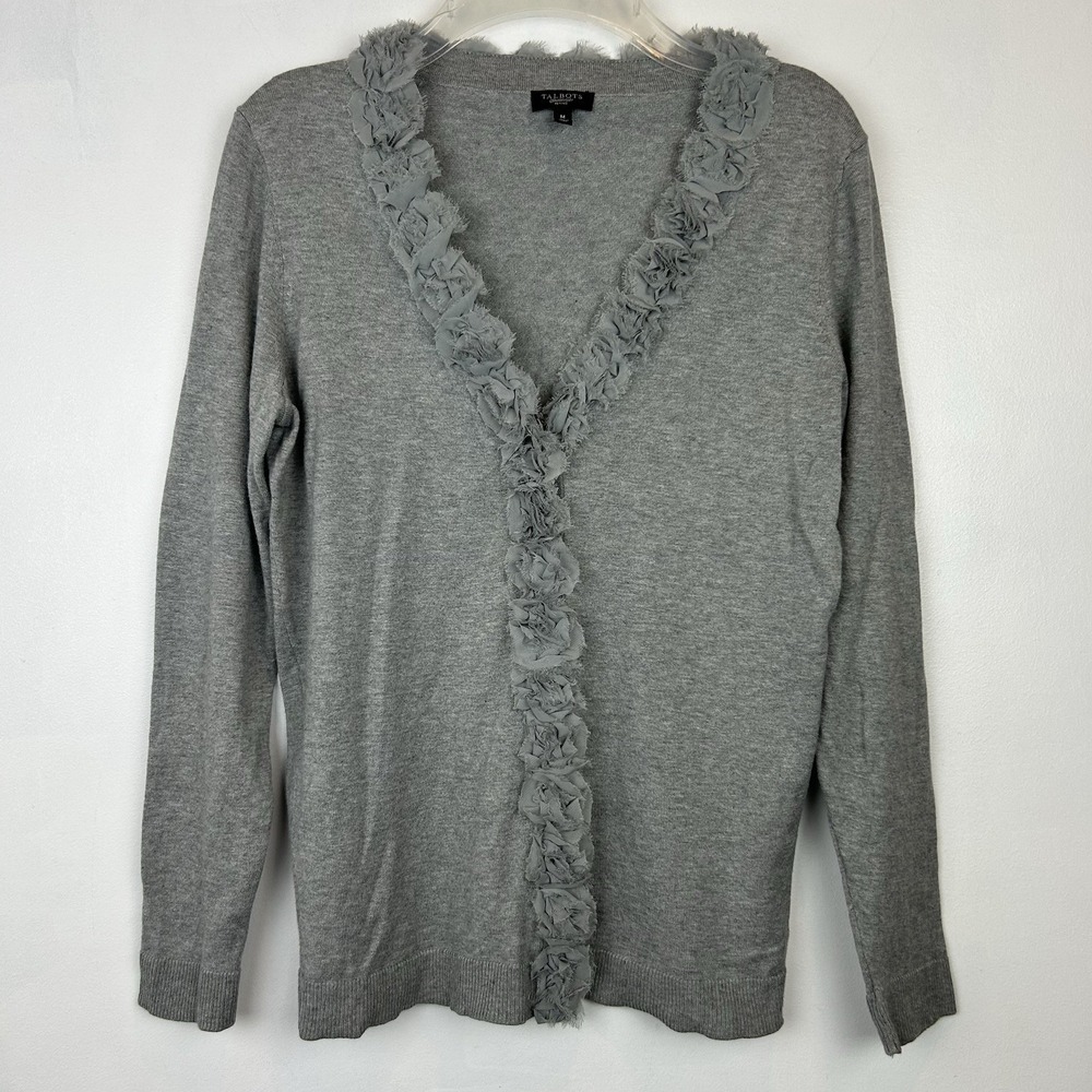 Talbots Cardigan Sweater Womens Medium Gray Floral Rose Trim Career Minimalist